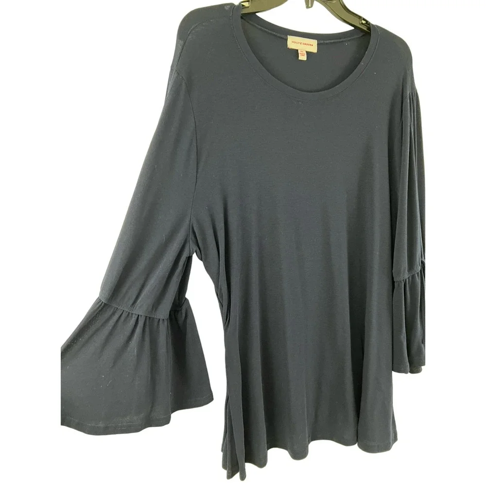 Molly & Isadora Womens 5X Plus Shirt Solid Black Top Long Sleeves Tunic - Picture 2 of 6